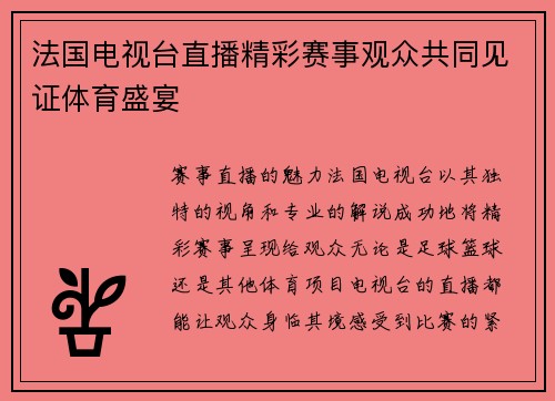 法国电视台直播精彩赛事观众共同见证体育盛宴