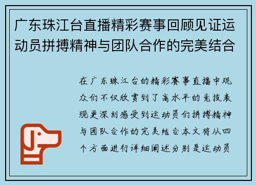 广东珠江台直播精彩赛事回顾见证运动员拼搏精神与团队合作的完美结合