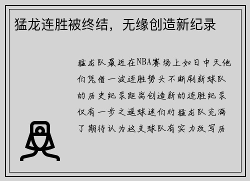 猛龙连胜被终结，无缘创造新纪录